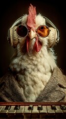 Humorous chicken wearing sunglasses and headphones while sitting at a keyboard in a creative indoor setting