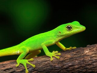 Vibrant Green Lizard Perched on Branch with Blurred Dark Background