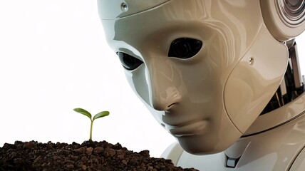 Curious robot is staring into a tiny sprout growing in the soil. The background is white.