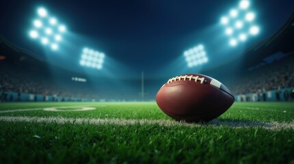 Night Game Excitement: American Football on Lush Green Field Under Stadium Lights, Capturing Anticipation in Professional Sports