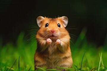 Cute Small Hamster Sitting on Green Grass in Bright Nature Background