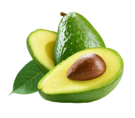 Fresh Avocado Composition Whole Half and Leaf with Dew Drops on Transparent Background