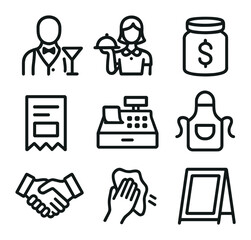 Service Staff Icons. Outline icon set of staff and service: bartender silhouette, waitress tray, tip jar, order ticket, cash