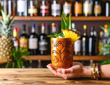 A hand holds a tiki-style glass with a tropical cocktail, garnished with pineapple and mint, against a blurred bar backdrop - Powered by Adobe