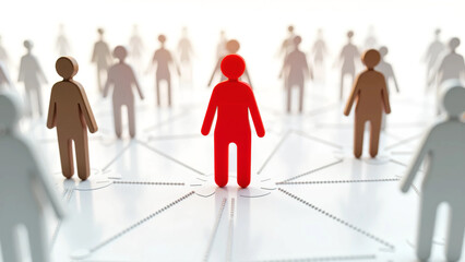 Colorful Human Figures Connected by Dotted Lines on a White Background, Representing Social Networking, Teamwork, Leadership, Diversity, and Community Structure in a Digital Concept