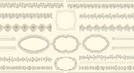 Hand drawn set of coquette borders, frames, and seamless patterns: tiny florals, soft scallops, delicate dots, subtle stripes. Whimsical vintage line art vector designs.