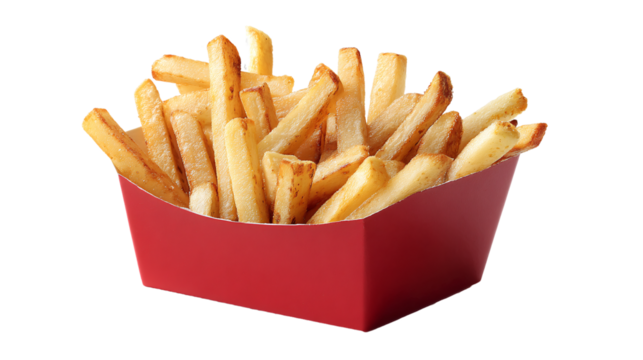 Fries in a red cardboard box on transparent background
