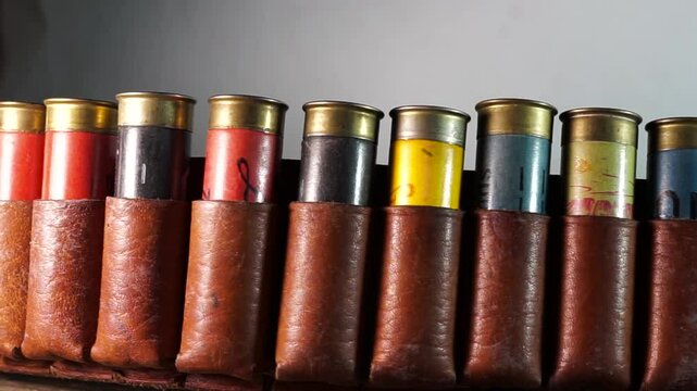 Slow pan shot, 12 mm shotgun gauges , shells in leather bandolier belt .