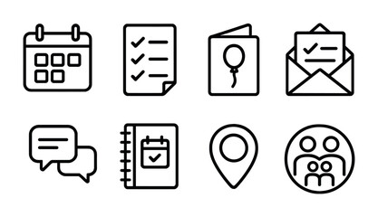 Event planning icons for invitations and organization projects