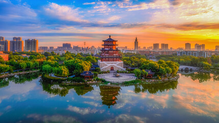 Sunrise aerial photography of Wangmu Pavilion in Nanchi Park, Jining, Shandong, China