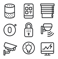 Smart Home Icon Set. Outline icon set of smart home features: voice assistant speaker, app control panel, automated blinds,