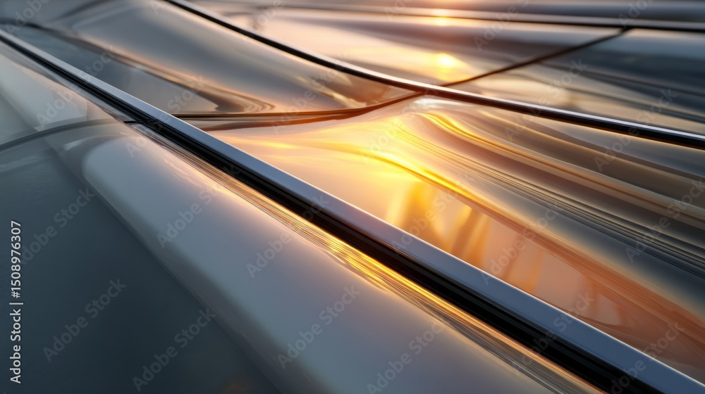 Poster warm sunset rays illuminate a sleek metallic surface, creating a mesmerizing play of colors. the tra