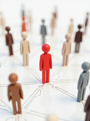 Colorful Human Figures Connected by Dotted Lines on a White Background, Representing Social Networking, Teamwork, Leadership, Diversity, and Community Structure in a Digital Concept
