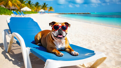 Cheerful bulldog in heart-shaped sunglasses relaxes on a beach lounge chair on the sea shore with turquoise water, palm trees and clear sky, creating a perfect tropical backdrop. Summertime holiday