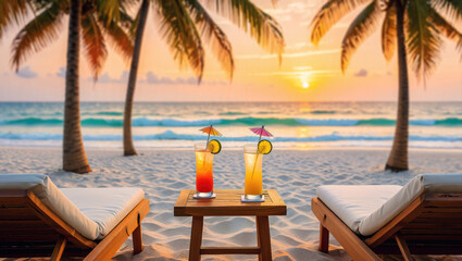 Two sunbeds face a stunning beach sunset, with two tropical cocktails on a small table between them. Palm trees frame the vibrant orange sky and the turquoise ocean, creating an idyllic vacation scene