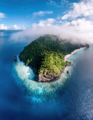 Breathtaking aerial view showcases a lush green tropical island, partially shrouded in ethereal clouds. Hidden piece of land surrounded by turquoise waters and pristine beaches, untouched paradise