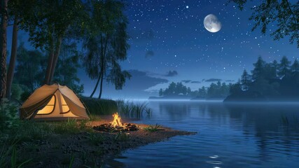 Enjoy a peaceful camping experience by the lake at night with a warm campfire, surrounded by trees and a star-filled sky - Powered by Adobe