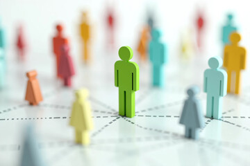 Colorful Human Figures Connected by Dotted Lines on a White Background, Representing Social Networking, Teamwork, Leadership, Diversity, and Community Structure in a Digital Concept