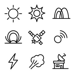 Solar Phenomena Icons. Outline icon set of solar flares and CMEs: sun disc, flare burst, coronal loops, magnetic field lines,