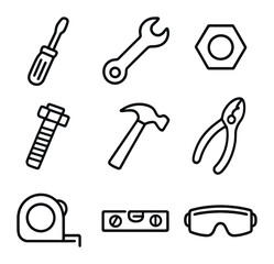 Tool Icon Grid. Outline icon set of assembly tools and hardware: screwdriver, wrench, nut, bolt, hammer, pliers, tape measure,
