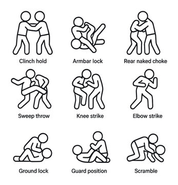 Soldier Grappling Techniques Icons. Outline icon set of soldier grappling techniques: clinch hold, armbar lock, rear naked choke,