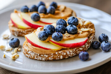 Two slices of whole-grain bread topped with creamy peanut butter, fresh apple slices, and blueberries sit on a rustic plate, perfect for a nutritious breakfast