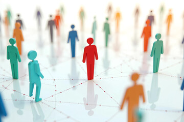 Colorful Human Figures Connected by Dotted Lines on a White Background, Representing Social Networking, Teamwork, Leadership, Diversity, and Community Structure in a Digital Concept