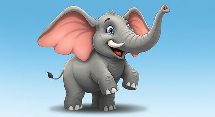 Cartoon Elephant Standing and Smiling on Blue Background