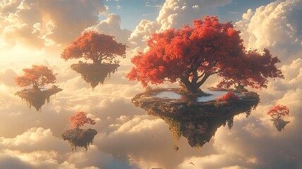 A beautiful abstract scene featuring floating islands with vibrant trees against a cloudy backdrop. The islands create a surreal, dreamlike, and serene atmosphere with artistic flair.