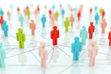 Colorful Human Figures Connected by Dotted Lines on a White Background, Representing Social Networking, Teamwork, Leadership, Diversity, and Community Structure in a Digital Concept