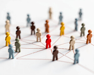 Colorful Human Figures Connected by Dotted Lines on a White Background, Representing Social Networking, Teamwork, Leadership, Diversity, and Community Structure in a Digital Concept