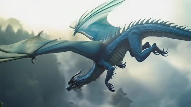 A dragon with translucent wings soars into the distance from a misty forest