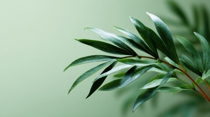 Fototapeta premium Closeup of a single palm frond with intricate veins against a soft green background, showcasing botanical texture and grace with copy space on the right