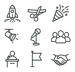 Fototapeta premium Startup Launch Icons. Outline icon set of startup launch ceremony: rocket launch, ribbon scissors, confetti popper, stage