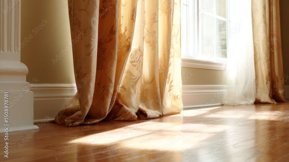 Poster Warm sunlight filtering through sheer curtains creating delicate golden patterns on polished wooden floor with copy space on right side
