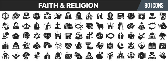 Faith and religion black icons collection. Big UI icon set in a flat design. Vector illustration EPS10