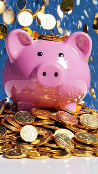 Golden cryptocurrency coins dropping, scattering near pink piggy bank with digital bitcoin collection, white backdrop