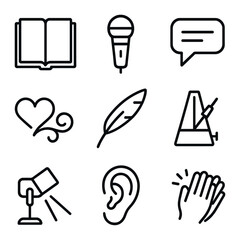 Street Poetry Icons. Outline icon set of street poetry and spoken word: open notebook, microphone, speech bubble, heart flourish,