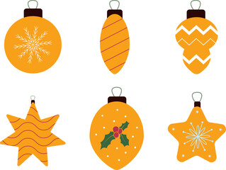 Bright Yellow Christmas Ornaments Set. Flat Style Decorative Holiday Baubles for Seasonal Cards, Gift Tags, Scrapbooking, Home Decor Projects and Winter Crafts with Stars, Holly and Snowflakes