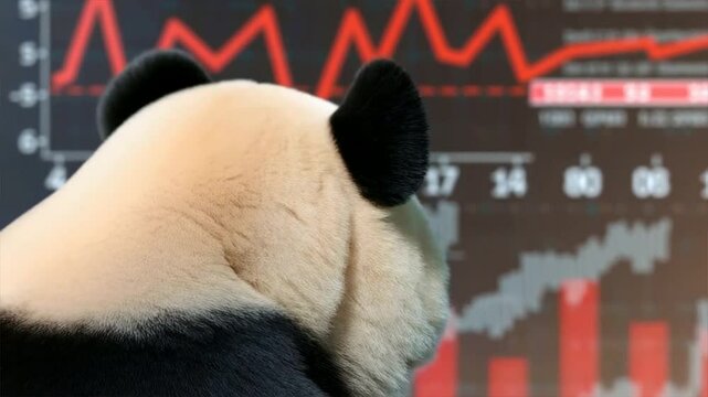 A curious panda gazes at stock market trends with a backdrop of financial graphs and data.