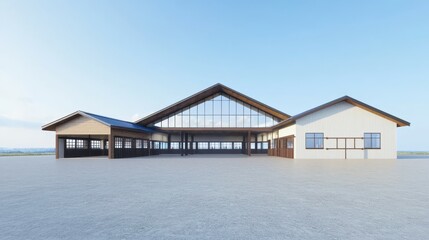 Modern architectural design of a spacious building with large glass windows and wooden elements in a serene outdoor landscape
