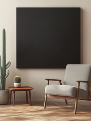 A modern, minimalist interior features a large black canvas on a light gray wall and with a beige armchair.