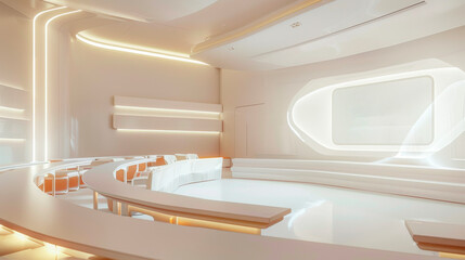A futuristic white interior space with curved seating areas, LED lighting, and large windows, creating a serene atmosphere and comfortable seating experience.