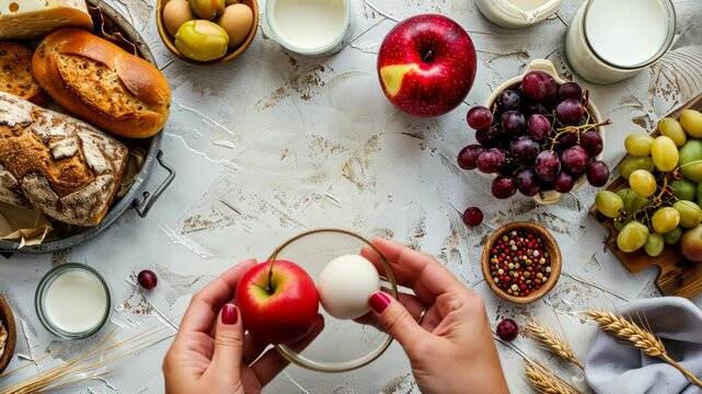 A selection of fresh bread, fruits, and dairy products sits beautifully arranged on a rustic table, perfect for breakfast