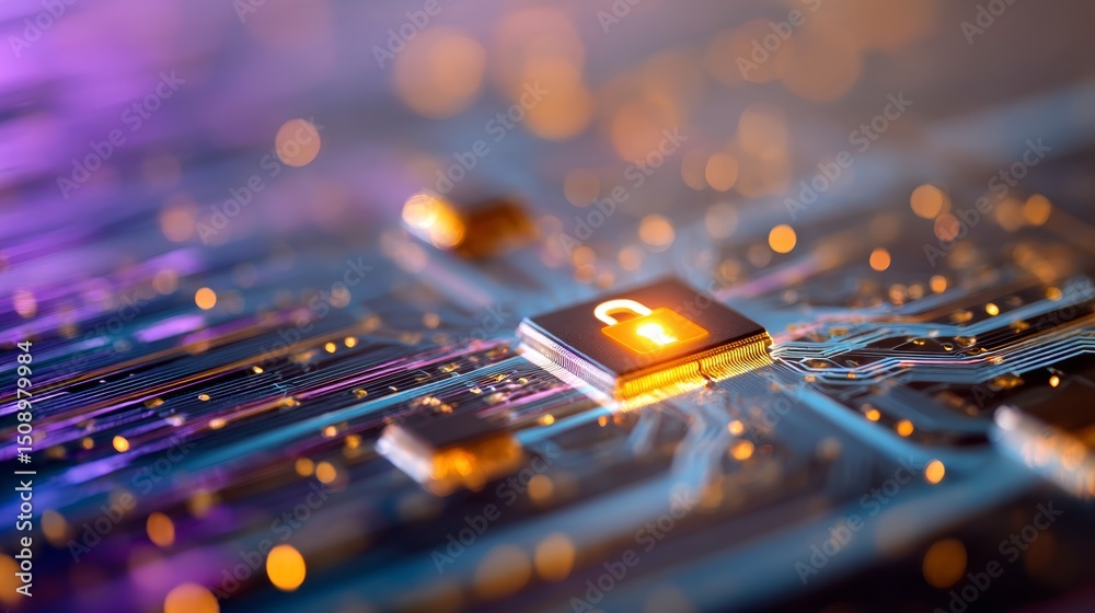 Poster Glowing padlock icon over holographic circuit board with digital data streams, emphasizing cybersecurity, digital protection, technology security, data encryption, and modern electronic design