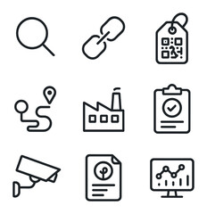 Fototapeta premium Supply Chain Icons. Outline icon set of supply chain transparency: magnifying glass, blockchain link, QR code tag, map route,