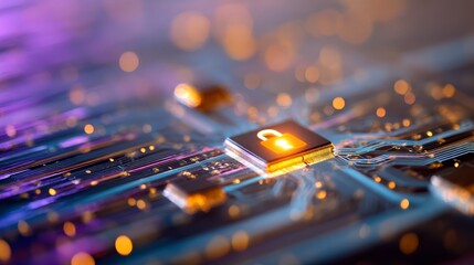 Glowing padlock icon over holographic circuit board with digital data streams, emphasizing cybersecurity, digital protection, technology security, data encryption, and modern electronic design