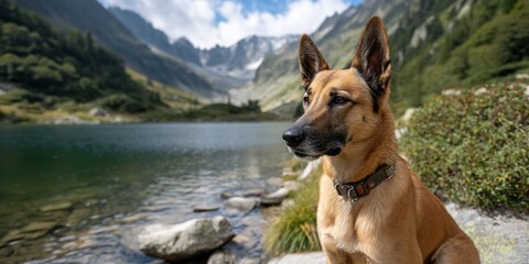 Watchful canine sentinel at serene alpine lake