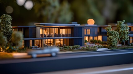 Modern apartment complex model at night, landscaping, car