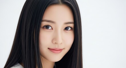 Obraz premium Portrait of a young Asian woman with black braided hair looking towards the camera on a white background with soft lighting.